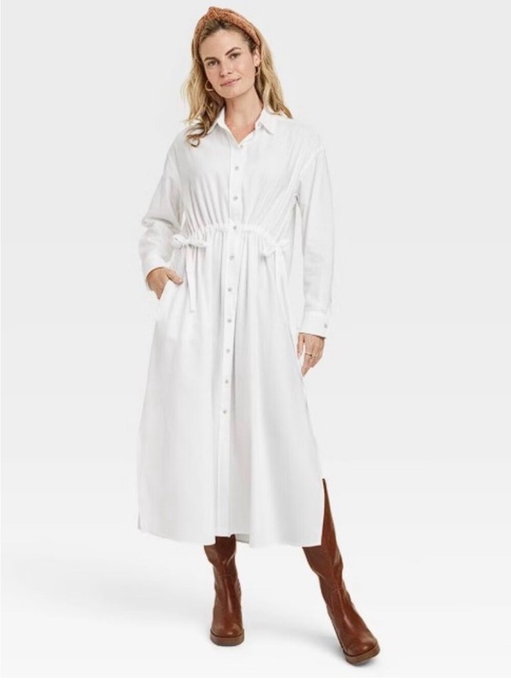 Universal Thread Long Sleeve Cinch Waist Maxi White Shirtdress S